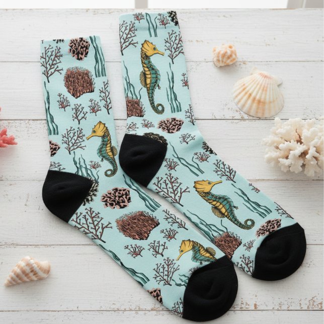 Under the Sea Seahorse & Coral Nautical Socks (Ocean Coral and Seahorse Socks in Turquoise Blue. Hand Drawn Coastal Underwater Scene in Black Ink)