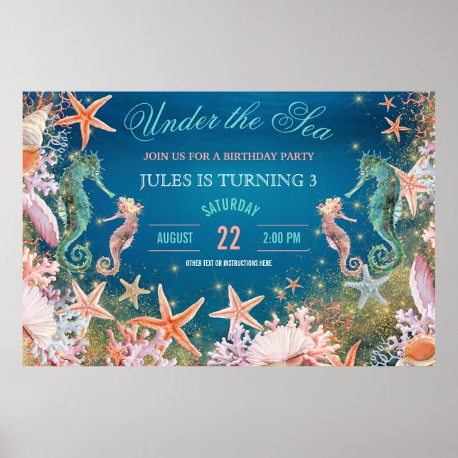 Under the Sea Seahorse Seashells Birthday Party Poster (Front)