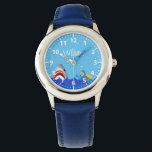 Under the sea shark bubbles blue diver name watch<br><div class="desc">Blue background,  bubbles,  blue waves,  a scuba diver,  and a shark.  Template for the child's name. Hand lettered style script in white.  White numbers.</div>