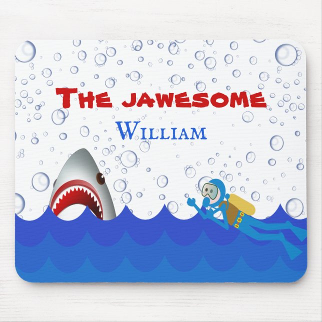 Under the sea shark scubadiver name cartoon kids mouse mat (Front)