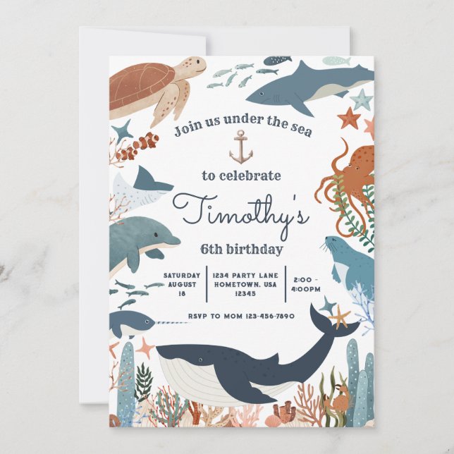 Under the Sea Shark Whale Turtle Narwhal Birthday Invitation (Front)