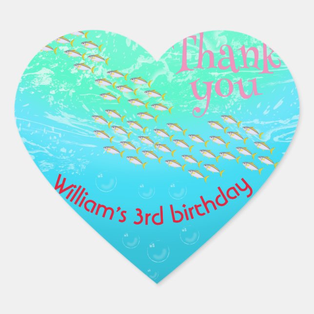 Under The Sea Small Fish With Bubbles Birthday Heart Sticker (Front)