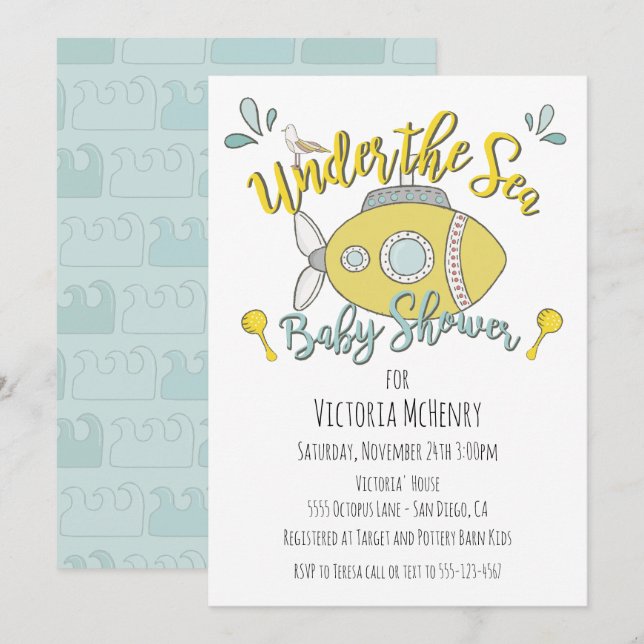Under the Sea Submarine Baby Shower Invitations (Front/Back)