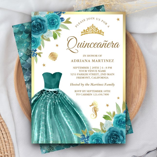 Under the Sea Teal Dress Mermaid Gold Quinceanera Invitation (Creator Uploaded)