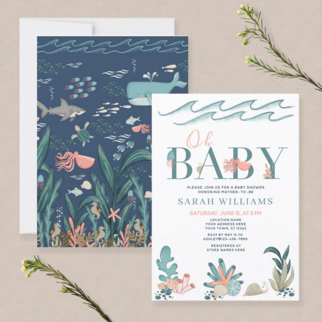 Under the Sea Teal Watercolor Oh Baby Shower Invitation (Creator Uploaded)