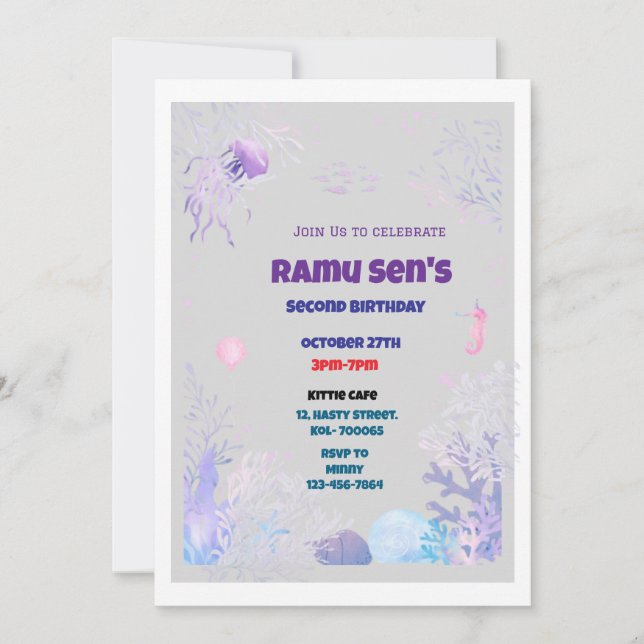 Under the Sea Themed 2nd Birthday Invitation Card  (Front)