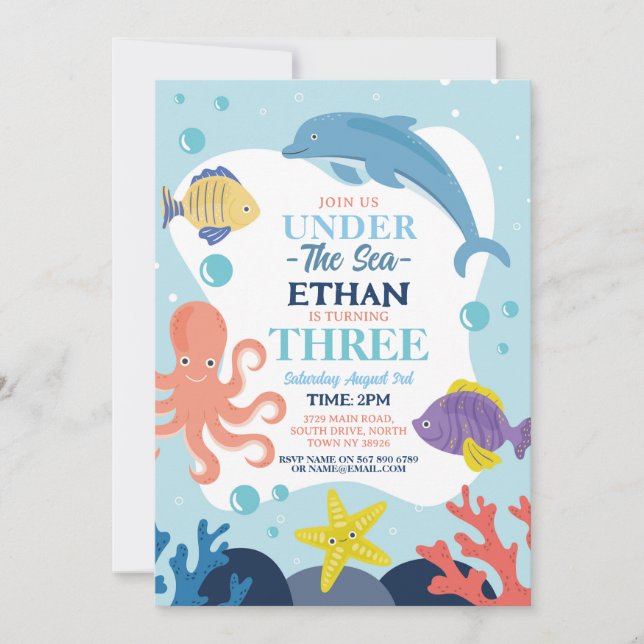 Under The Sea THREE Ocean Dolphin Octopus 3rd Invitation (Front)