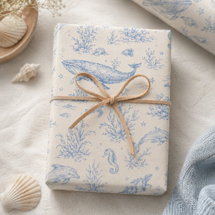 Under the Sea Toile Blue Ocean Animals Wrapping Paper Sheet