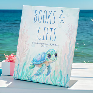 Under the sea turtle aqua blue baby gifts table pedestal sign