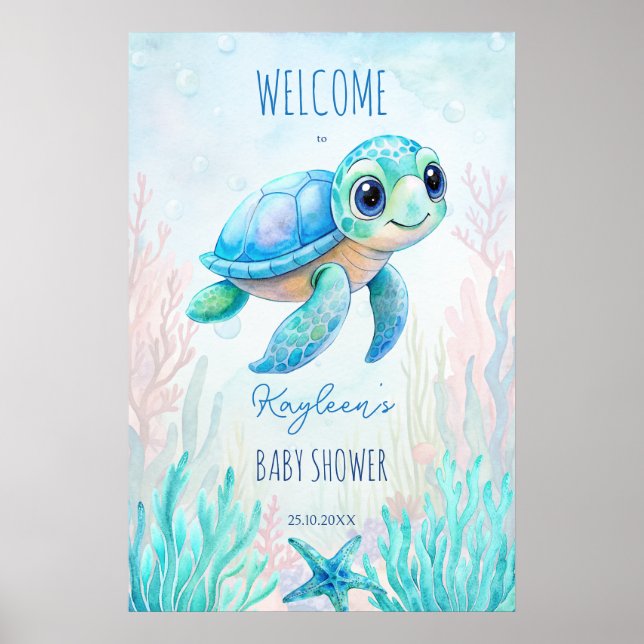 Under the sea turtle aqua blue baby shower welcome poster (Front)