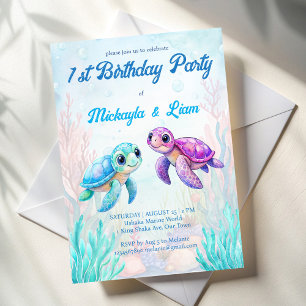 Under the sea turtle aqua blue twins birthday invitation