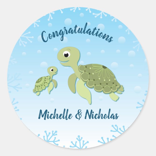 Under the Sea Turtle Baby Shower Classic Round Sticker (Front)