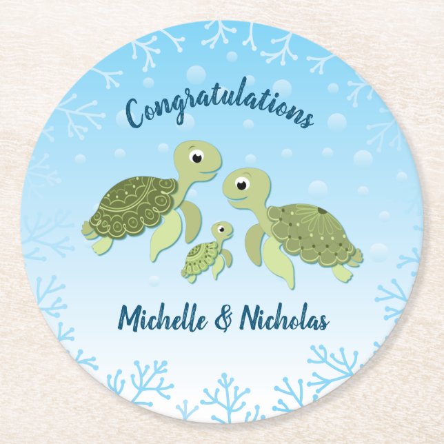 Under the Sea Turtle Baby Shower Round Paper Coaster (Front)