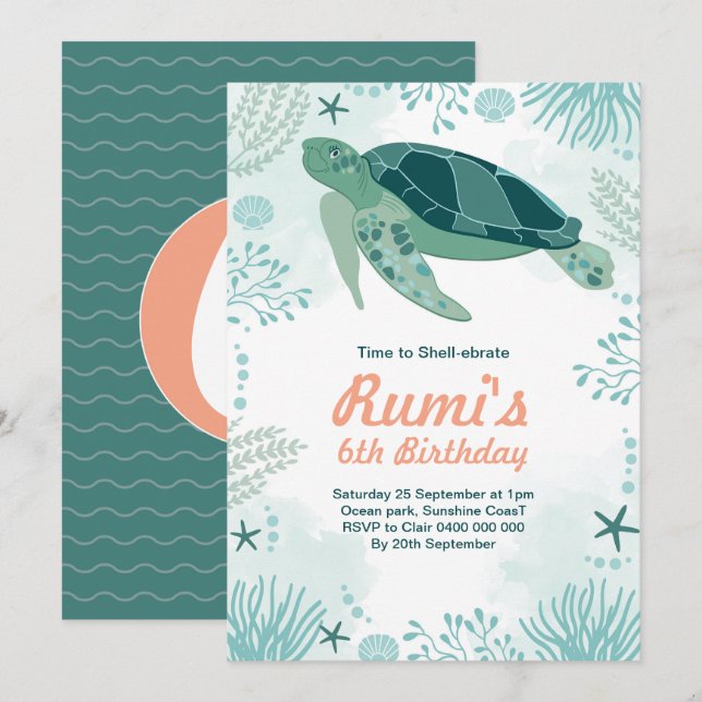 Under the sea Turtle Birthday Invitation (Front/Back)