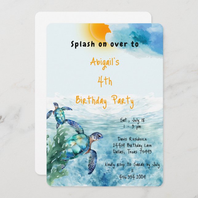 Under the Sea Turtle Birthday Party Invitation (Front/Back)