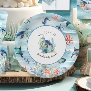 Under the Sea Turtle Boy Baby Shower Blue Paper Plate