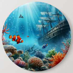 Under the sea, turtle, coral, ship, clown fish 6 cm round badge