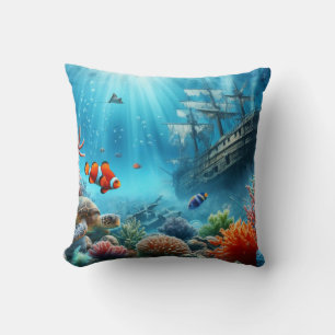 Under the sea, turtle, coral, ship, clown fish cushion