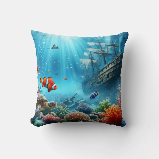 Under the sea, turtle, coral, ship, clown fish cushion (Front)