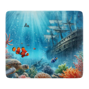 Under the sea, turtle, coral, ship, clown fish cutting board