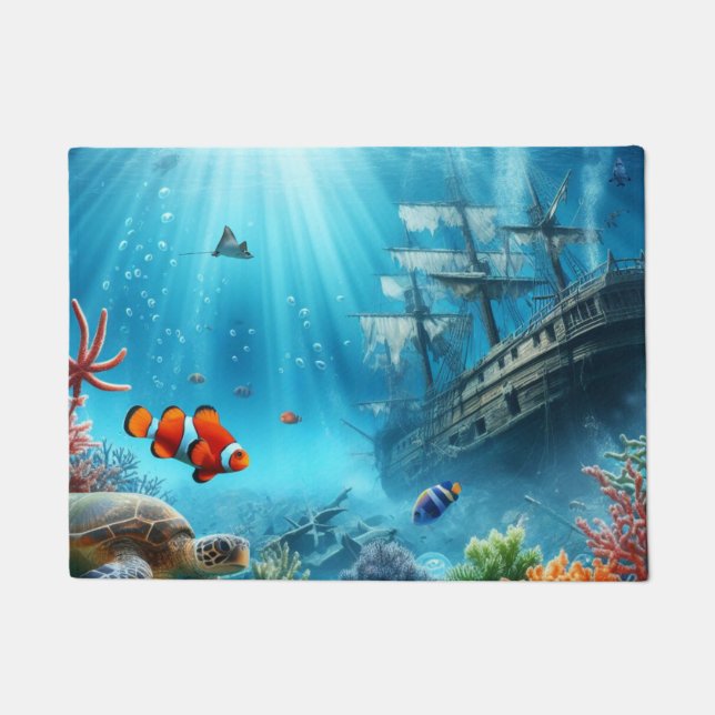 Under the sea, turtle, coral, ship, clown fish doormat (Front)