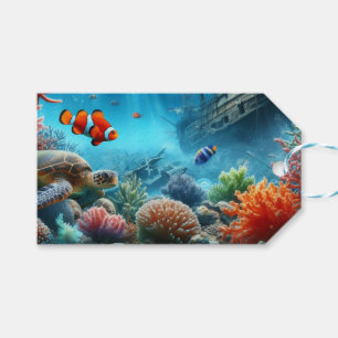 Under the sea, turtle, coral, ship, clown fish gift tags