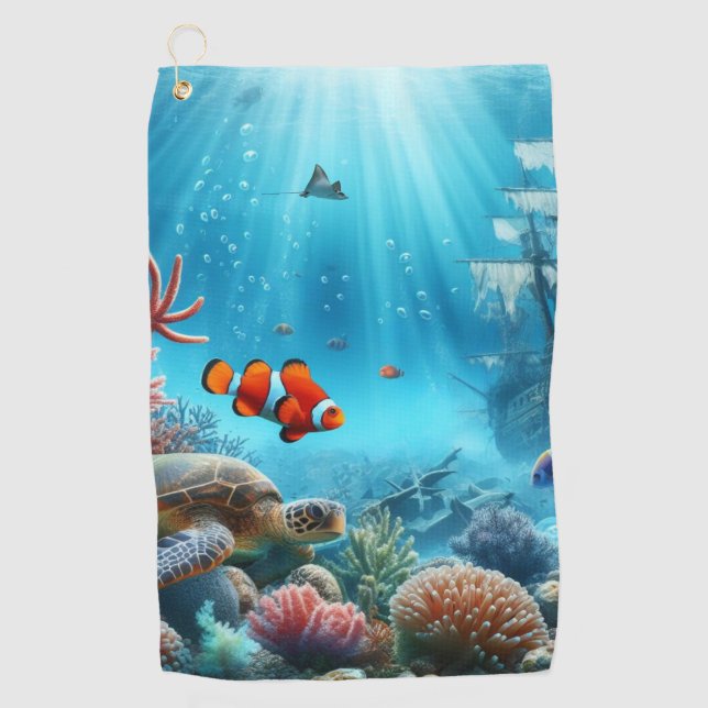 Under the sea, turtle, coral, ship, clown fish golf towel (Front)