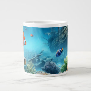 Under the sea, turtle, coral, ship, clown fish large coffee mug