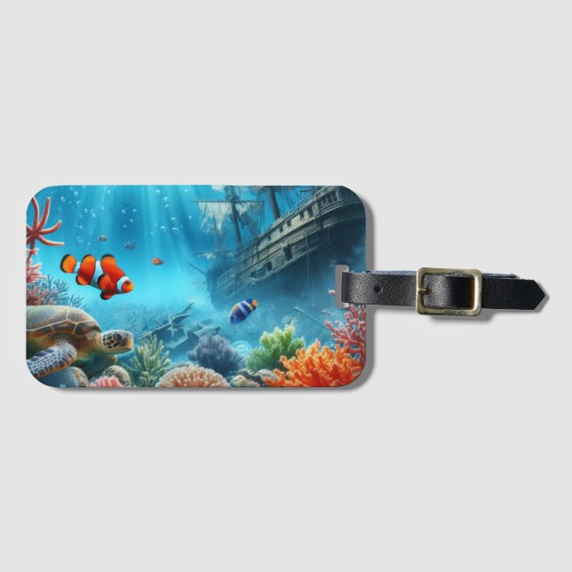 Under the sea, turtle, coral, ship, clown fish luggage tag (Front Horizontal)