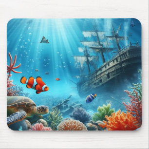 Under the sea, turtle, coral, ship, clown fish mouse mat
