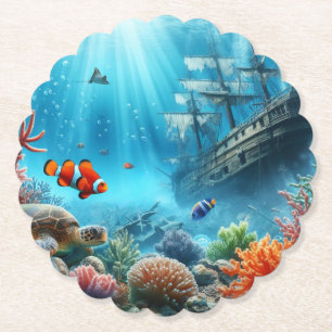 Under the sea, turtle, coral, ship, clown fish paper coaster