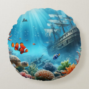Under the sea, turtle, coral, ship, clown fish round cushion