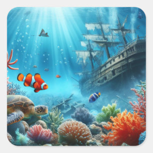 Under the sea, turtle, coral, ship, clown fish square sticker