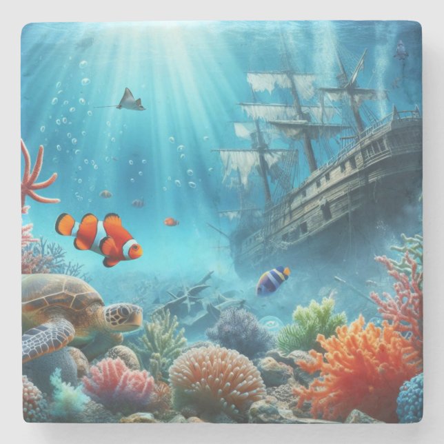Under the sea, turtle, coral, ship, clown fish stone coaster (Front)