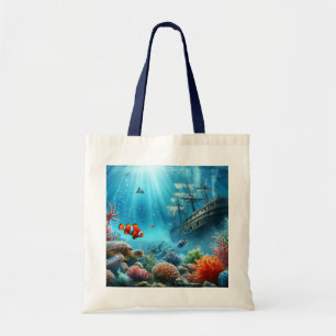 Under the sea, turtle, coral, ship, clown fish tote bag