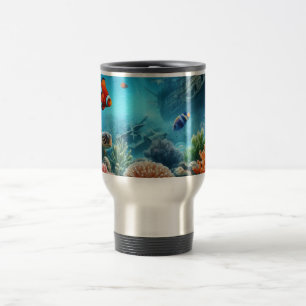 Under the sea, turtle, coral, ship, clown fish travel mug