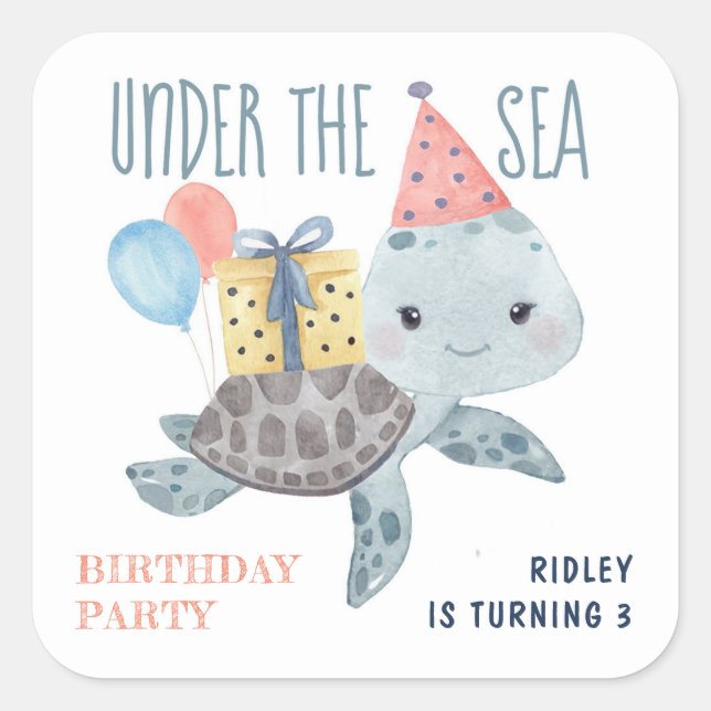 Under The Sea Turtle Kids Beach Birthday  Square Sticker (Front)