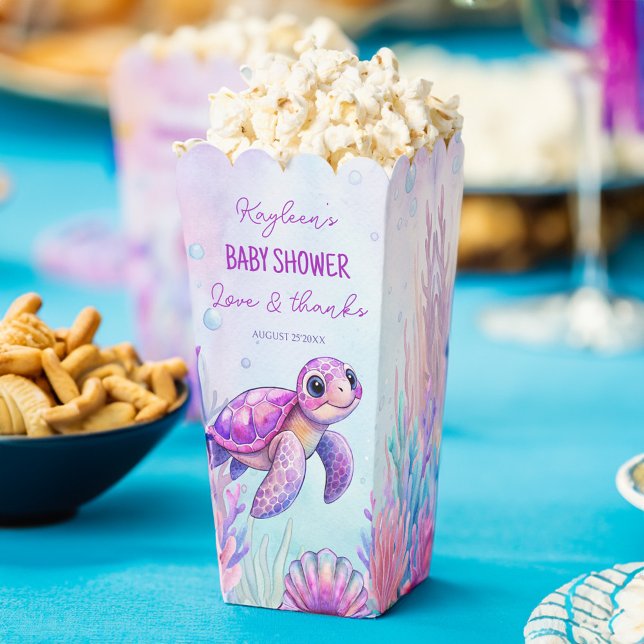 Under the sea turtle purple baby shower girls favour box (Under the sea cute pink purple turtle girls baby shower personalized popcorn favor boxes)