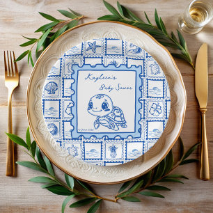 Under the sea turtle retro post stamp monogrammed paper plate