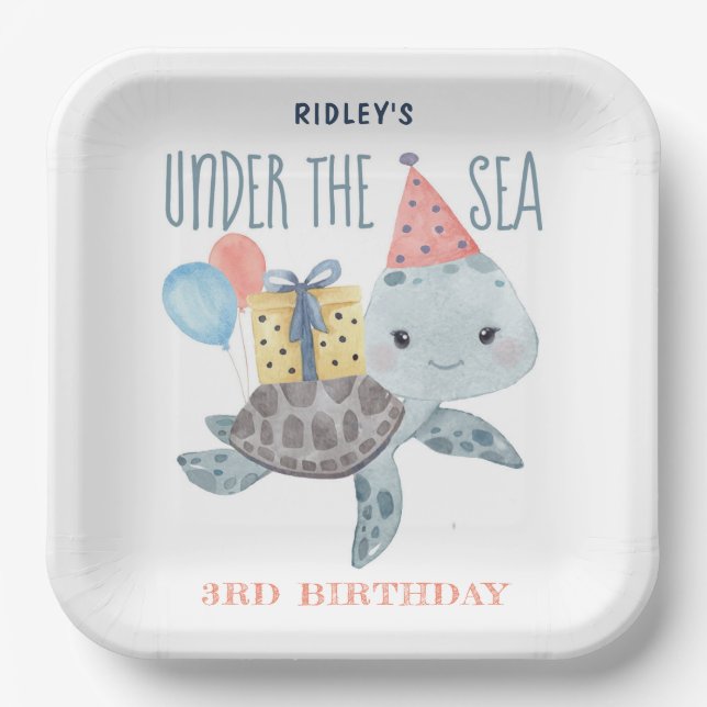 Under The Sea Turtle Watercolor Birthday  Paper Plate (Front)