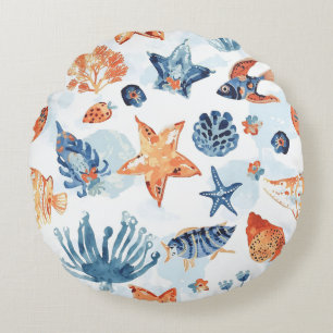 Under the Sea Watercolor Coral Ocean Animals Round Cushion