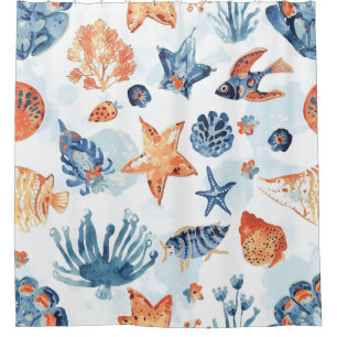 Under the Sea Watercolor Coral Ocean Animals Shower Curtain