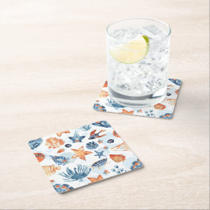 Under the Sea Watercolor Coral Ocean Animals Square Paper Coaster