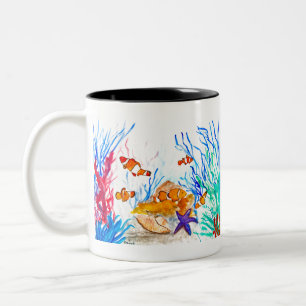 Under the sea watercolor fish ocean coastal sea Two-Tone coffee mug