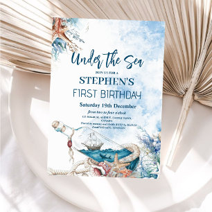 Under the Sea Watercolor Kids 1th Birthday Party Invitation