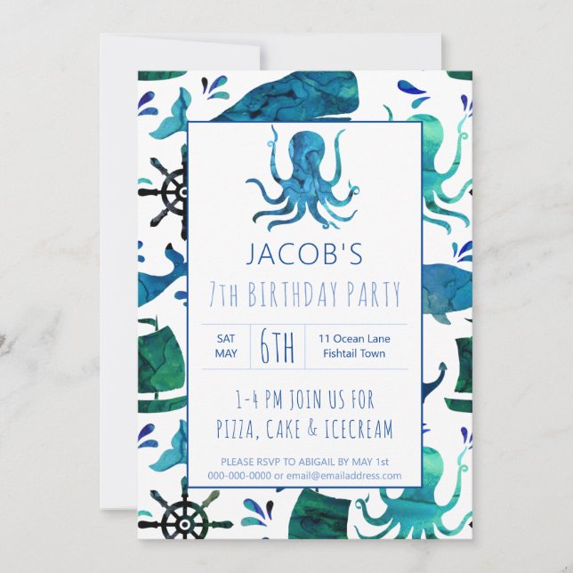 Under The Sea Watercolor Kids Octopus Birthday Invitation (Front)