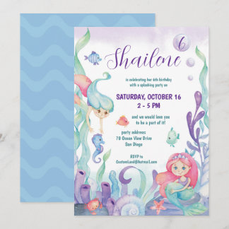 Under The Sea Watercolor Mermaid Birthday Party In Invitation