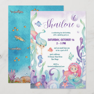 Under The Sea Watercolor Mermaid Birthday Party Invitation