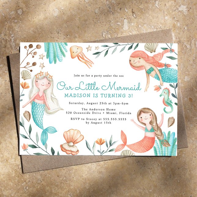 Under The Sea Watercolor Mermaid Birthday Party Invitation (Creator Uploaded)