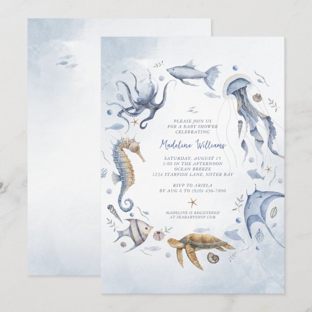 Under the Sea Watercolor Ocean Animals Baby Shower Invitation (Front/Back)